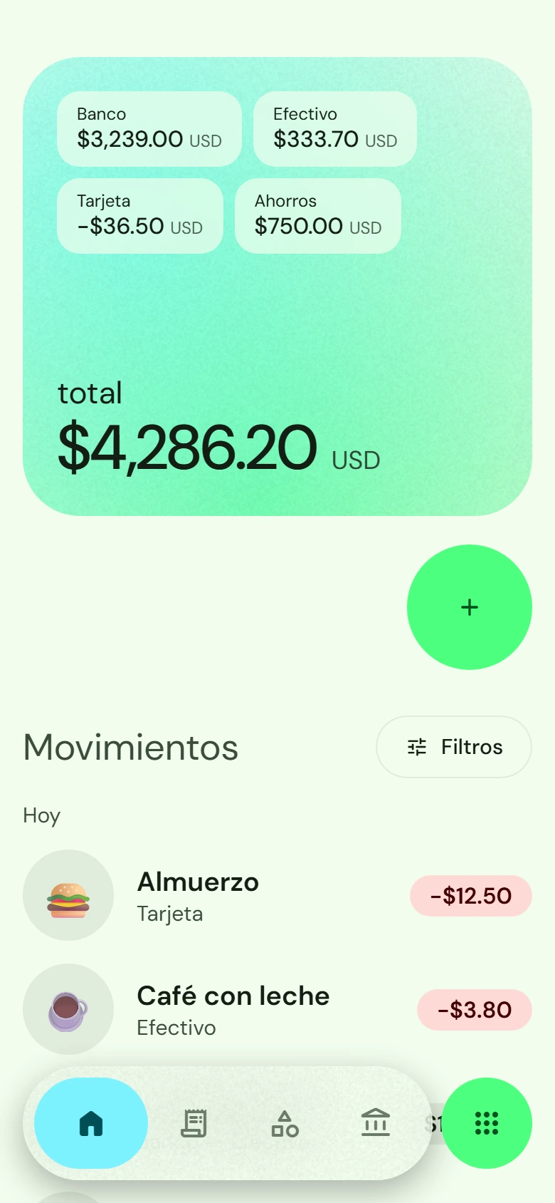 Pantalla de inicio de Cinnamon Money con el total de todas tus cuentas